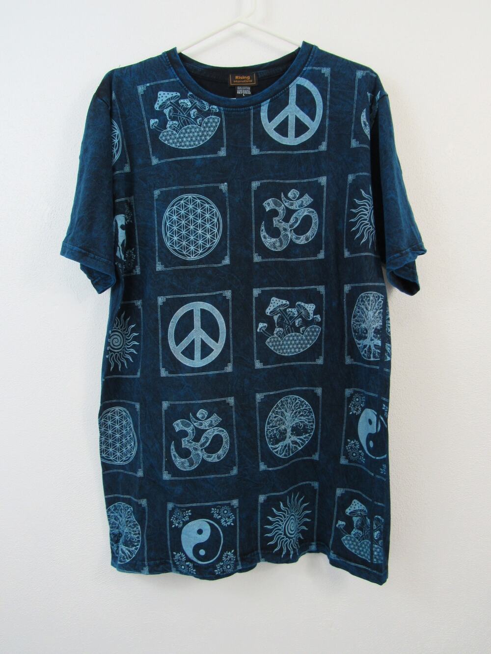 NWT Rising International Blue Washed Block Symbols Tee Shirt Men's Unisex